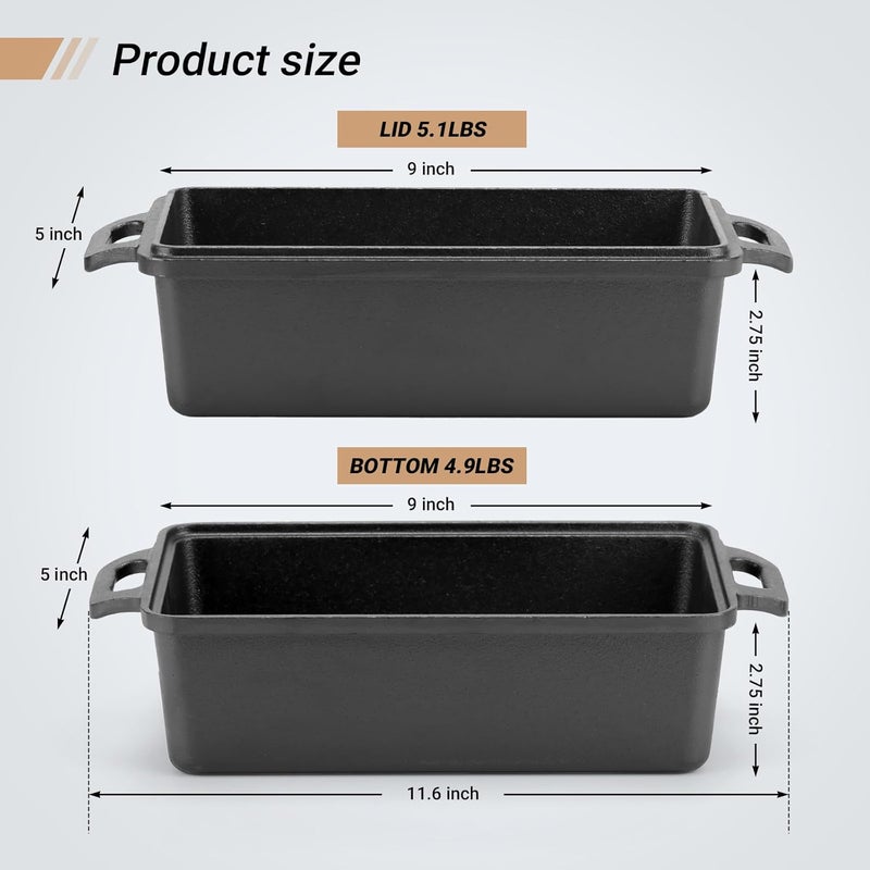 Northriver Casting 9×5 Inch Cast Iron Loaf Pan with Lid | Bread Baking Pan | Even Heat Distribution for Homemade Bread, Cake, and Meatloaf | 2 Piece Set - Image 3