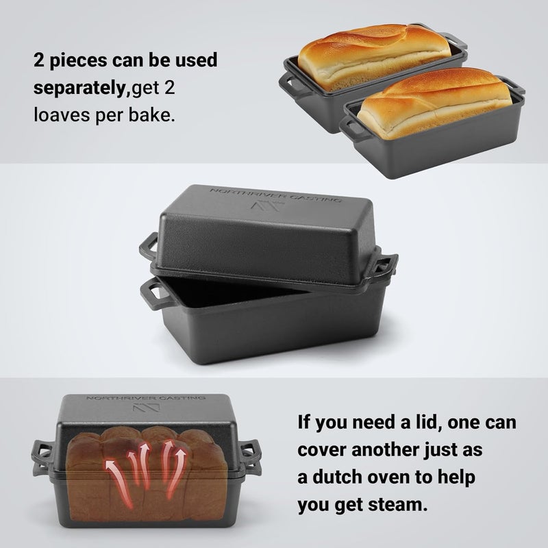 Northriver Casting 9×5 Inch Cast Iron Loaf Pan with Lid | Bread Baking Pan | Even Heat Distribution for Homemade Bread, Cake, and Meatloaf | 2 Piece Set - Image 4