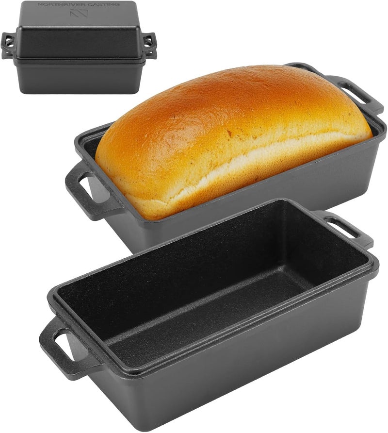 Northriver Casting 9×5 Inch Cast Iron Loaf Pan with Lid | Bread Baking Pan | Even Heat Distribution for Homemade Bread, Cake, and Meatloaf | 2 Piece Set - Image 1