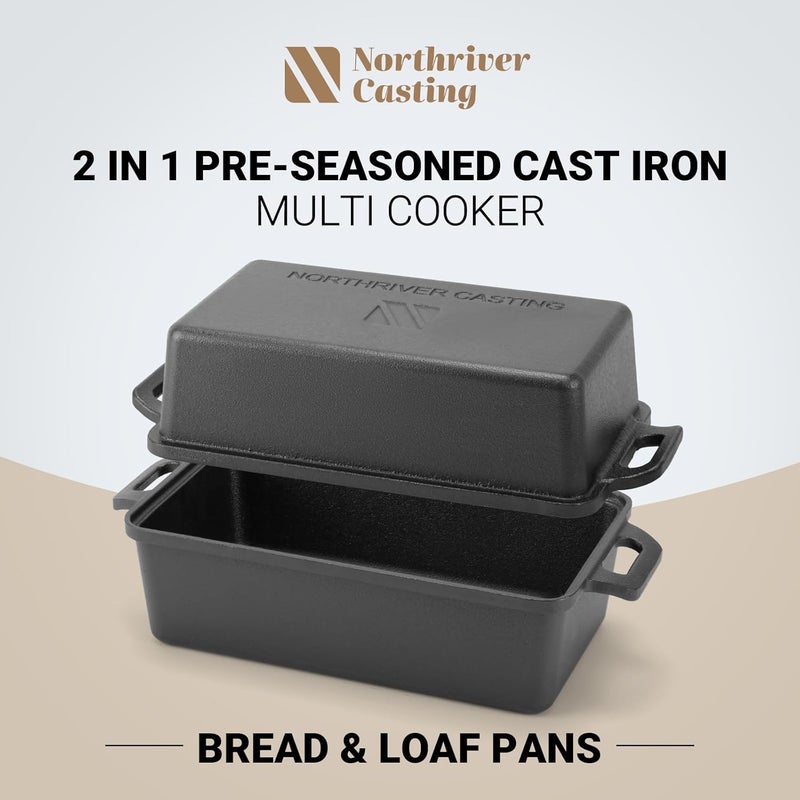 Northriver Casting 9×5 Inch Cast Iron Loaf Pan with Lid | Bread Baking Pan | Even Heat Distribution for Homemade Bread, Cake, and Meatloaf | 2 Piece Set - Image 2