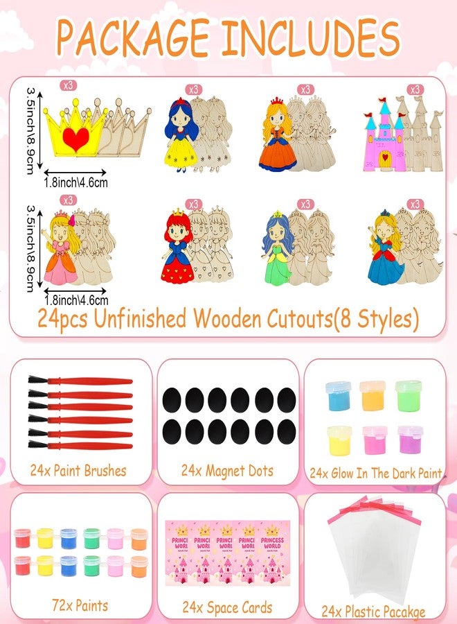 LARDUX 24pcs Princess Party Favors Wood Painting Crafts - 8 Styles Princess Animal Parttens Unfinished Woodchips Cutouts Craft Kits with Glow in The Dark Paint Birthday Party Favors - Image 4