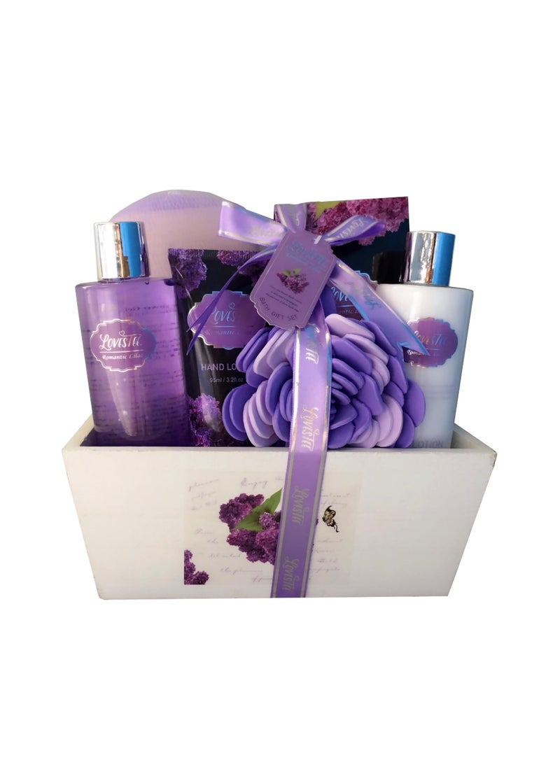 Lovestee - Spa Gift Basket with Lavender Fragrance and Lilac Color - Bath and Body Set Includes Shower Gel, Body Lotion, Hand Lotion, Bath Salt, Flower Sponge and EVA Sponge - Image 1
