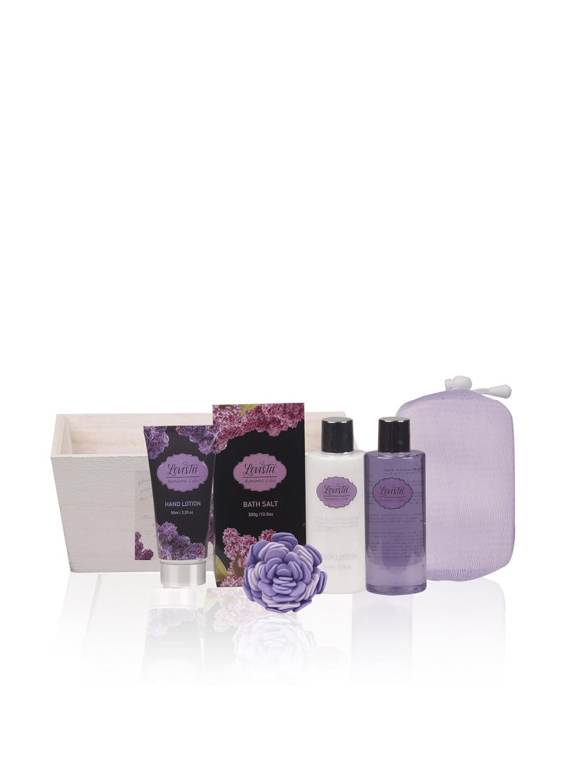 Lovestee - Spa Gift Basket with Lavender Fragrance and Lilac Color - Bath and Body Set Includes Shower Gel, Body Lotion, Hand Lotion, Bath Salt, Flower Sponge and EVA Sponge - Image 1