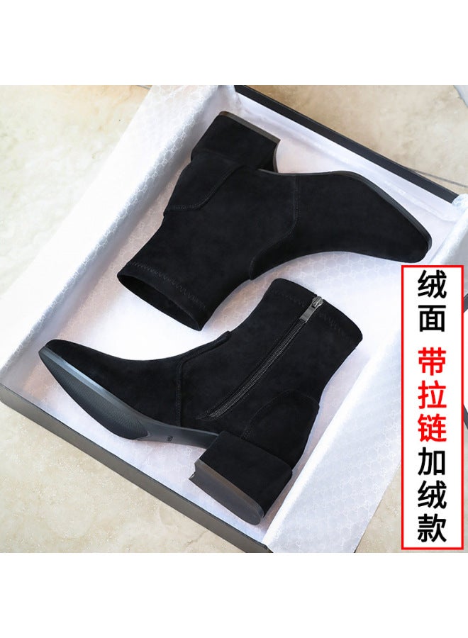 Suede Boots Women's Short Boots   And Winter Thick Heel Medium Heel Slim Boots Black Side Zipper Fleece-lined Women's Boots