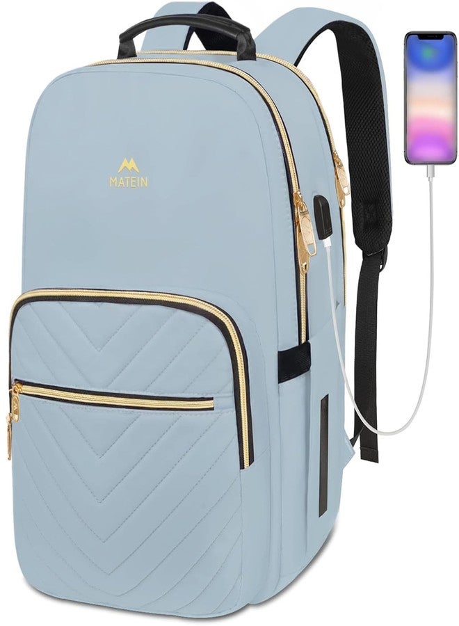 MATEIN 15.6 Laptop Backpack, Quilted Cute Slim Backpacks for Women with Luggage Strap & Leather Handle, Lightweight Fashion Travel Computer Bag Padded Sturdy Casual Daypack for Office, Business, Blue - Image 1