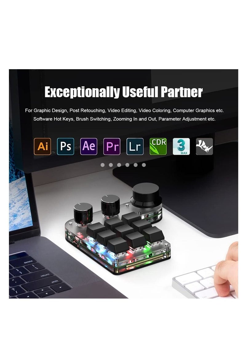 Excefore - 9-Keys USB Mini Macro Mechanical Gaming Keyboard, 3 Knobs One Handed USB PC Keypad, Full-RGB, Wired Mode Programmable Keys Support NKRO, Hotkeys, One-Click Start (Black-Wired -2nd Gen.) - Image 1