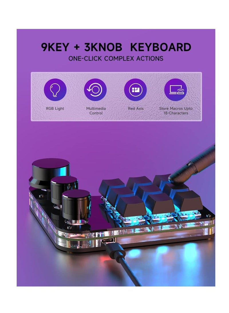 Excefore - 9-Keys USB Mini Macro Mechanical Gaming Keyboard, 3 Knobs One Handed USB PC Keypad, Full-RGB, Wired Mode Programmable Keys Support NKRO, Hotkeys, One-Click Start (Black-Wired -2nd Gen.) - Image 1