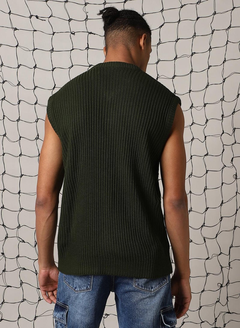 Hubberholme Men's Green 100% Acrylic Solid Relaxed Fit Sweater - Image 3