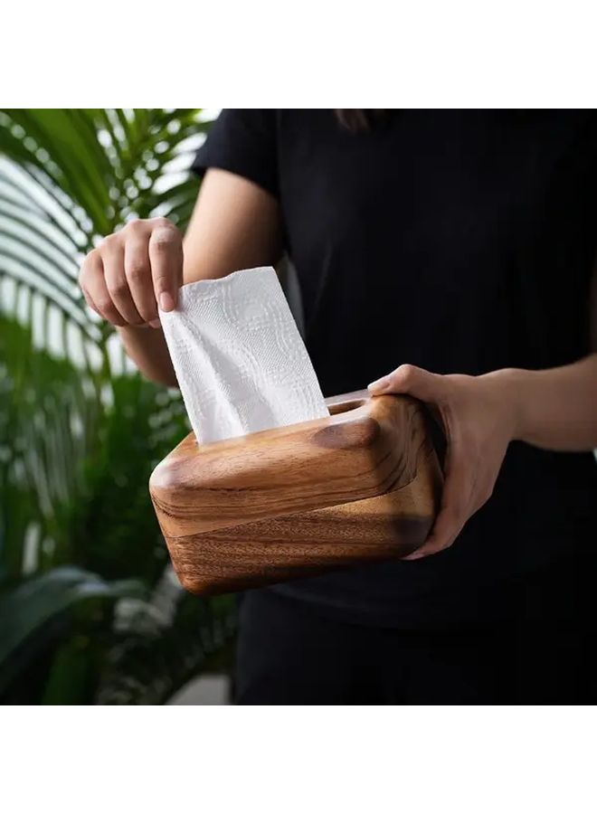 Natural Solid Wood Textured Tissue Box Holder Paper Towel Box For Home Office - Image 1
