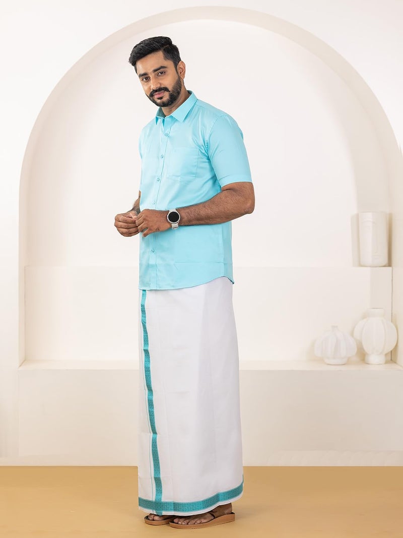 RAMRAJ COTTON قميص قطن فاخر 100% للرجال مع مجموعة دهوتي بحواف فاخرة (أزرق، 40) - Image 3