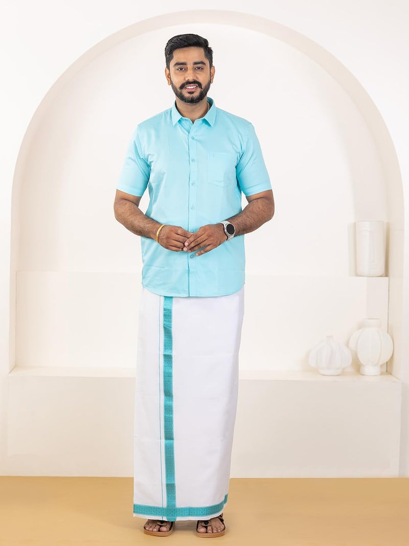 RAMRAJ COTTON قميص قطن فاخر 100% للرجال مع مجموعة دهوتي بحواف فاخرة (أزرق، 40) - Image 2