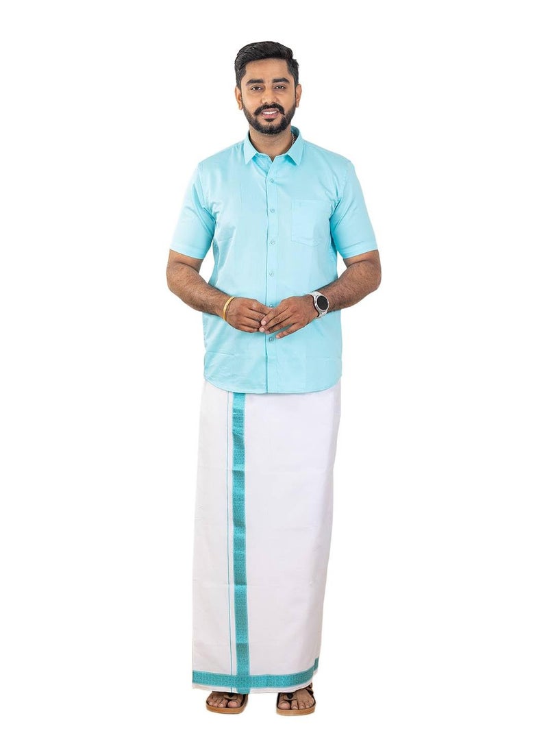 RAMRAJ COTTON قميص قطن فاخر 100% للرجال مع مجموعة دهوتي بحواف فاخرة (أزرق، 40) - Image 1