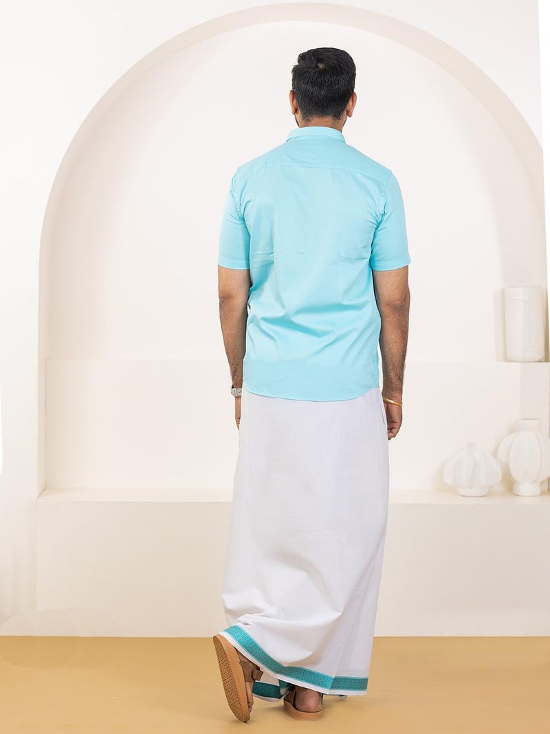 RAMRAJ COTTON قميص قطن فاخر 100% للرجال مع مجموعة دهوتي بحواف فاخرة (أزرق، 40) - Image 5