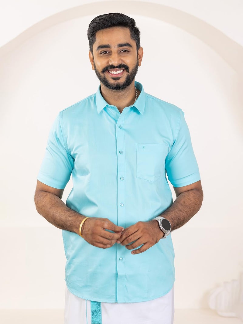 RAMRAJ COTTON قميص قطن فاخر 100% للرجال مع مجموعة دهوتي بحواف فاخرة (أزرق، 40) - Image 4