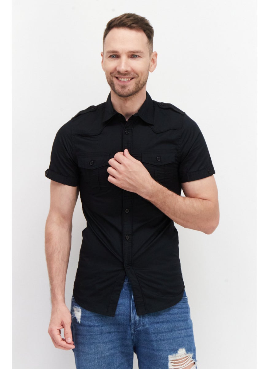 Cultura New York Men Regular Fit Chest Pocket Short Sleeve Casual Shirt, Black  - Image 1