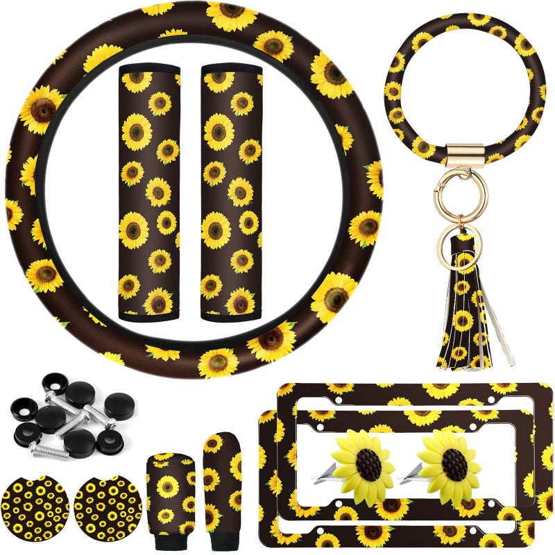 14 Pieces Sunflower Print Car Accessories Sunflower Steering Wheel Cover Cow License Plate Frame with Screws Car Keyring Bracelet Non-Slip Handbrake Cover Gear Shift Cover Seat Belt Pads Car Coaster