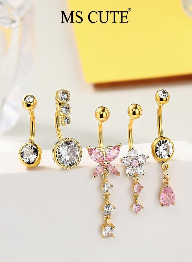 MS CUTE 5PCS Belly Button Rings for Women 14G Dangle Navel Piercing Jewelry Set Surgical Stainless Steel Body Jewelry with CZ Butterfly Flower Teardrop Barbell for Beach Festival Daily, 14G 10MM - Image 5