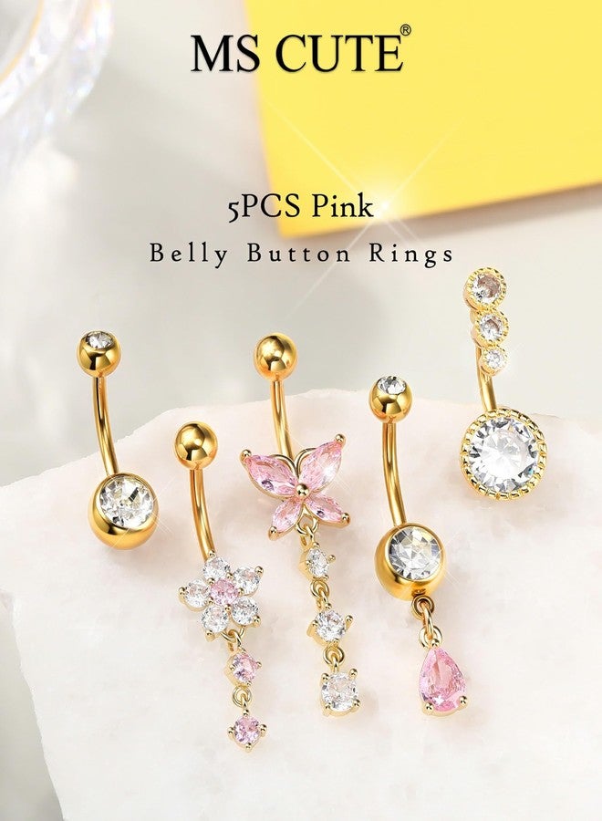 MS CUTE 5PCS Belly Button Rings for Women 14G Dangle Navel Piercing Jewelry Set Surgical Stainless Steel Body Jewelry with CZ Butterfly Flower Teardrop Barbell for Beach Festival Daily, 14G 10MM - Image 2