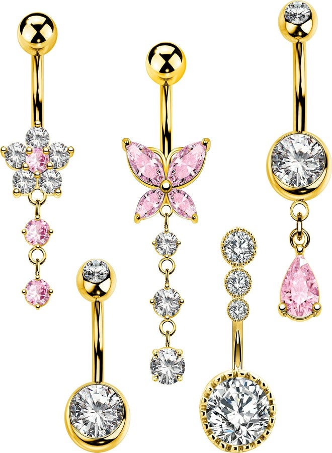 MS CUTE 5PCS Belly Button Rings for Women 14G Dangle Navel Piercing Jewelry Set Surgical Stainless Steel Body Jewelry with CZ Butterfly Flower Teardrop Barbell for Beach Festival Daily, 14G 10MM - Image 1