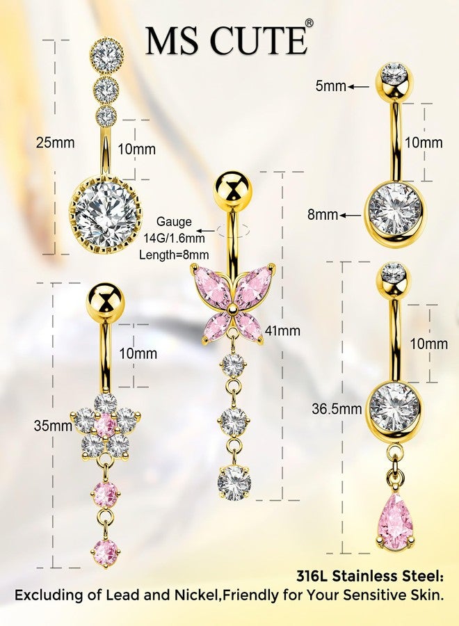 MS CUTE 5PCS Belly Button Rings for Women 14G Dangle Navel Piercing Jewelry Set Surgical Stainless Steel Body Jewelry with CZ Butterfly Flower Teardrop Barbell for Beach Festival Daily, 14G 10MM - Image 4