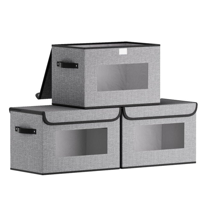 STORAGE BASKET DECORATIVE LINEN CLOSET ORGANIZERS BINS 13 X 91 X 79 INCH CLOTHES BOXES FOR SHELVES WITH LIDS CUBES WITH HANDLESGRAY 3PACK
