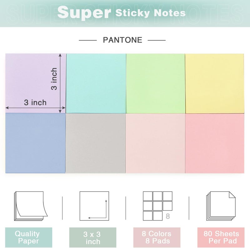 Eastern Wolf Sticky Notes 3x3 Inch, 8 Pads Light Colors Self-Adhesive, 8 Assorted Pastel Colors, 80 Sheets/Pad, Reusable Notepads for Office, School, and Home - Image 2