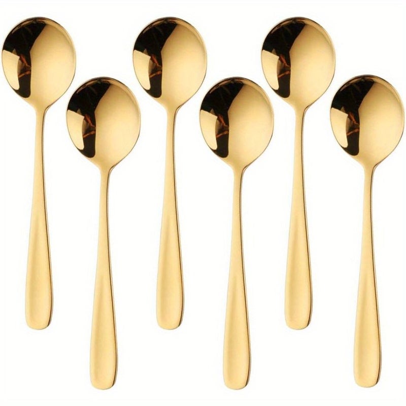 6 Pcs Golden Color Stainless Steel Round Bouillon Soup Spoons 6.89 Inch Dinner Table Spoons - Image 1