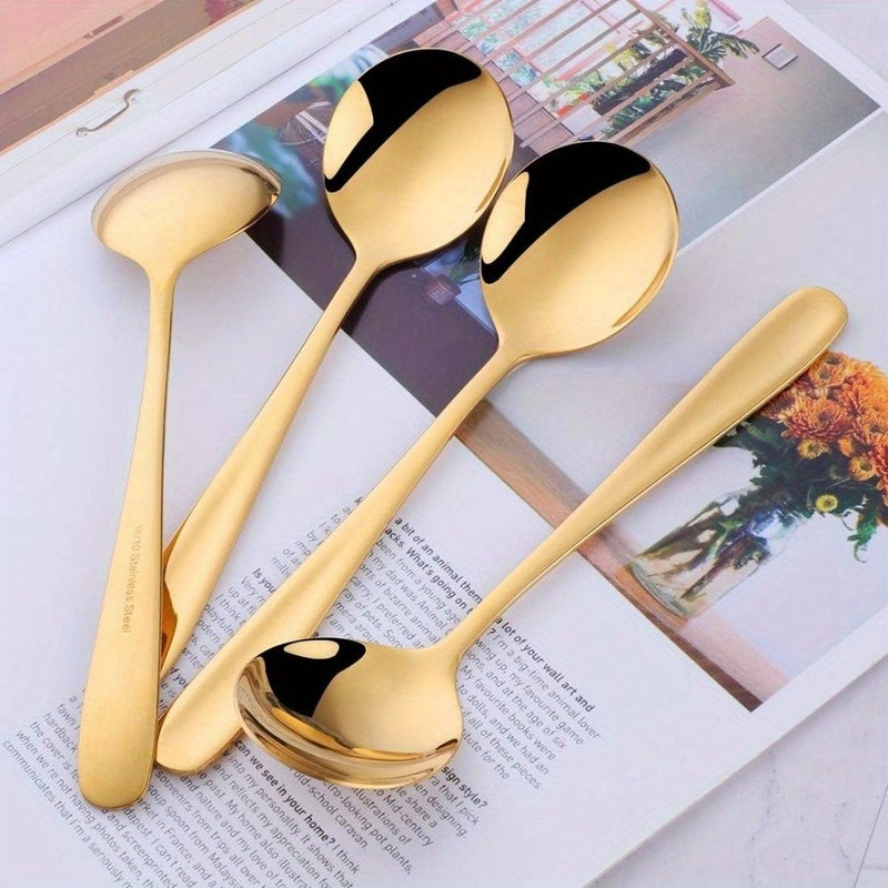 6 Pcs Golden Color Stainless Steel Round Bouillon Soup Spoons 6.89 Inch Dinner Table Spoons - Image 3