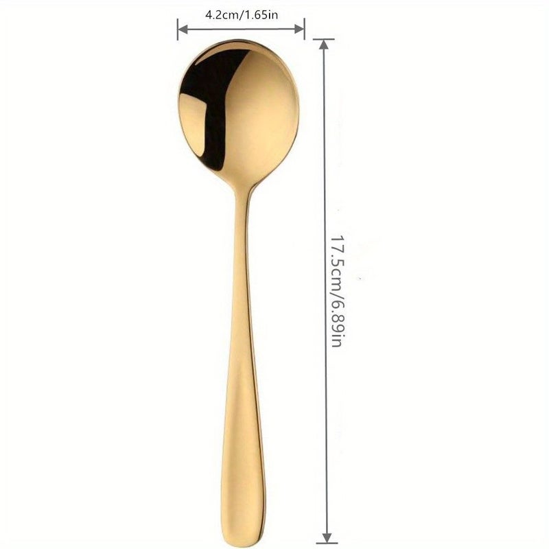 6 Pcs Golden Color Stainless Steel Round Bouillon Soup Spoons 6.89 Inch Dinner Table Spoons - Image 2