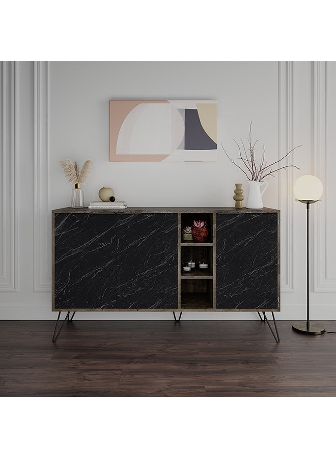 Mourah Home Clara Console  Modern Sideboard With 3 Doors And 3 Shelves  Storage Cabinet For Living Room Office Dining Room Kitchen Hallway  35.6X83X142 Cm Dark Brown/Matt Black Marble- 2 Years Warranty - Image 1
