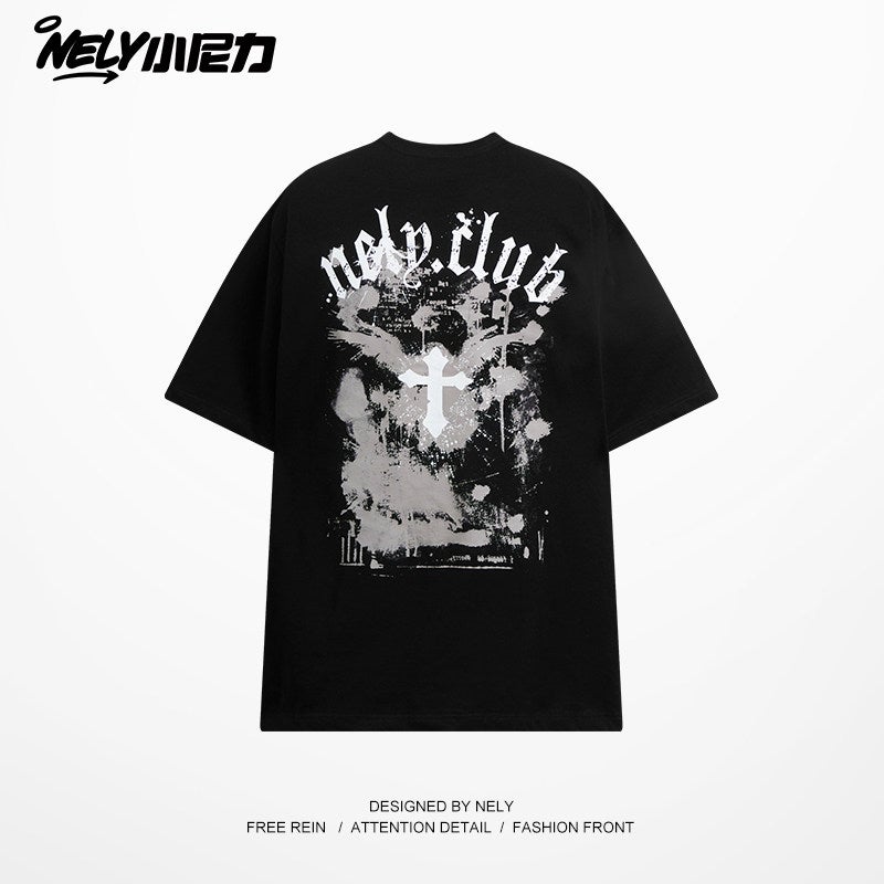 Ulzzang original fashion brand European and American ins dark mid-sleeved t-shirt printed short-sleeved American high street hip-hop half-sleeved bf - Image 3