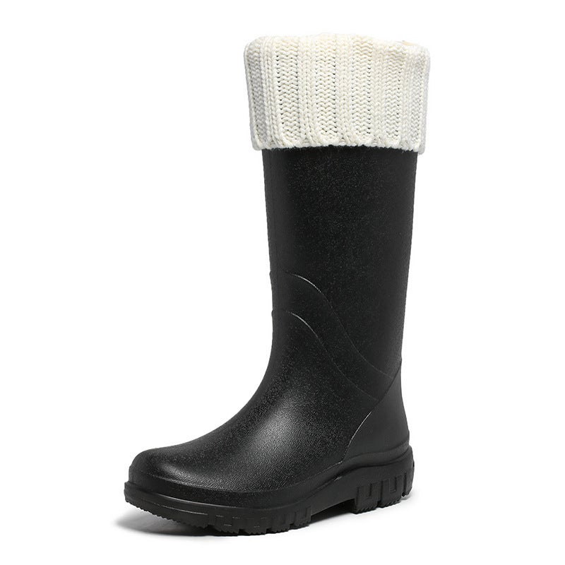 Korean Fashion Waterproof Ladies Rain Boots Black [Cotton added]] 
