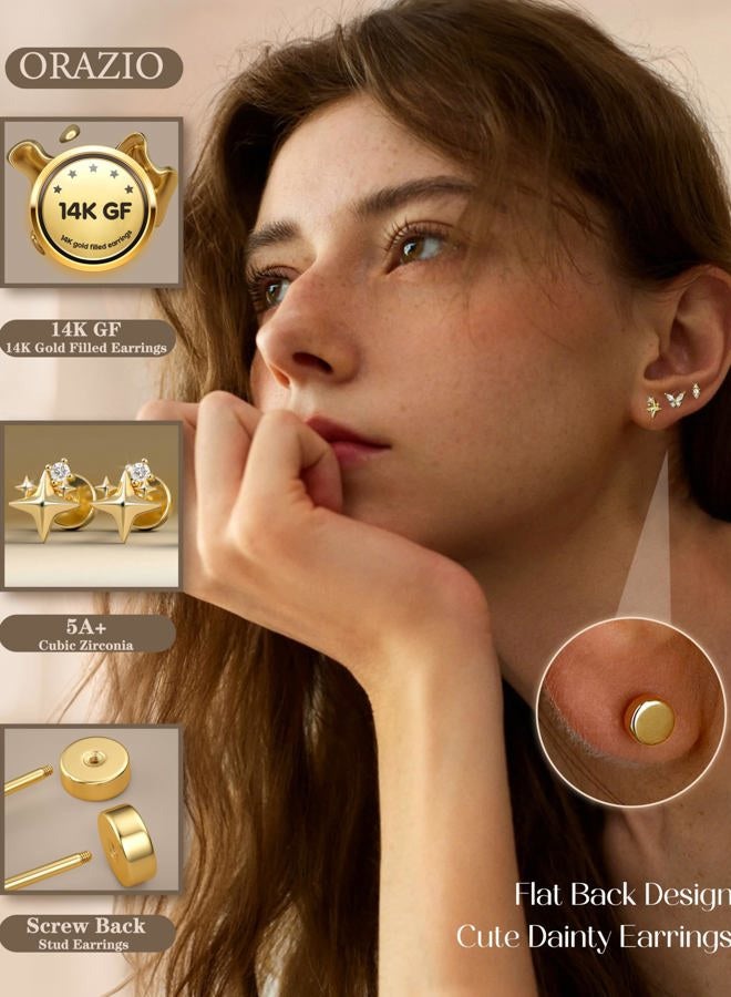 ORAZIO Gold Flat Back Stud Earrings for Women Men Sterling Silver Post Hypoallergenic Screw Back Earrings 14K Gold Cartilage Conch Helix Tragus Piercing Jewelry Dainty CZ Opal Earring Set 3 Pairs 20G - Image 2