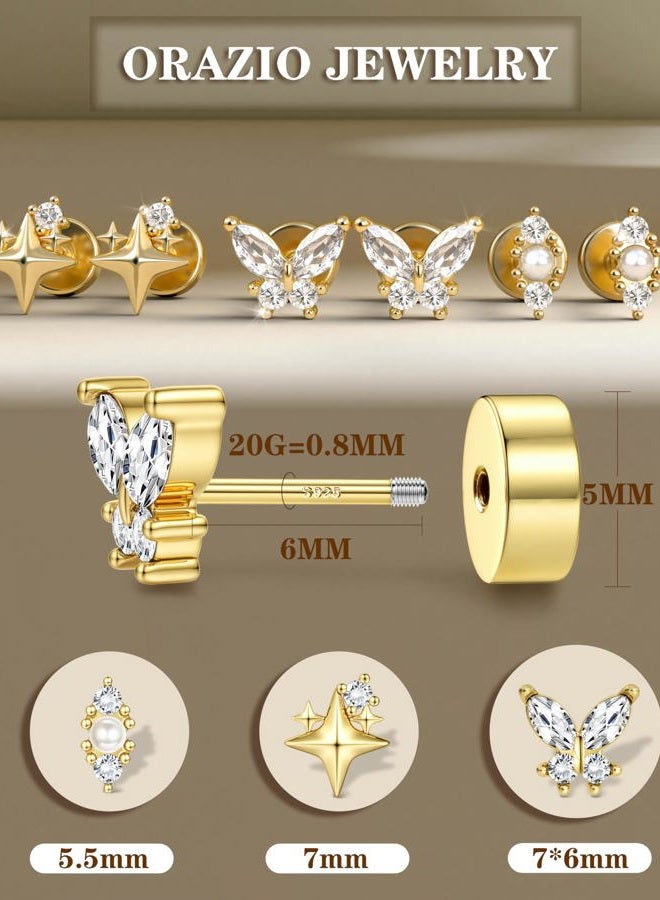 ORAZIO Gold Flat Back Stud Earrings for Women Men Sterling Silver Post Hypoallergenic Screw Back Earrings 14K Gold Cartilage Conch Helix Tragus Piercing Jewelry Dainty CZ Opal Earring Set 3 Pairs 20G - Image 5