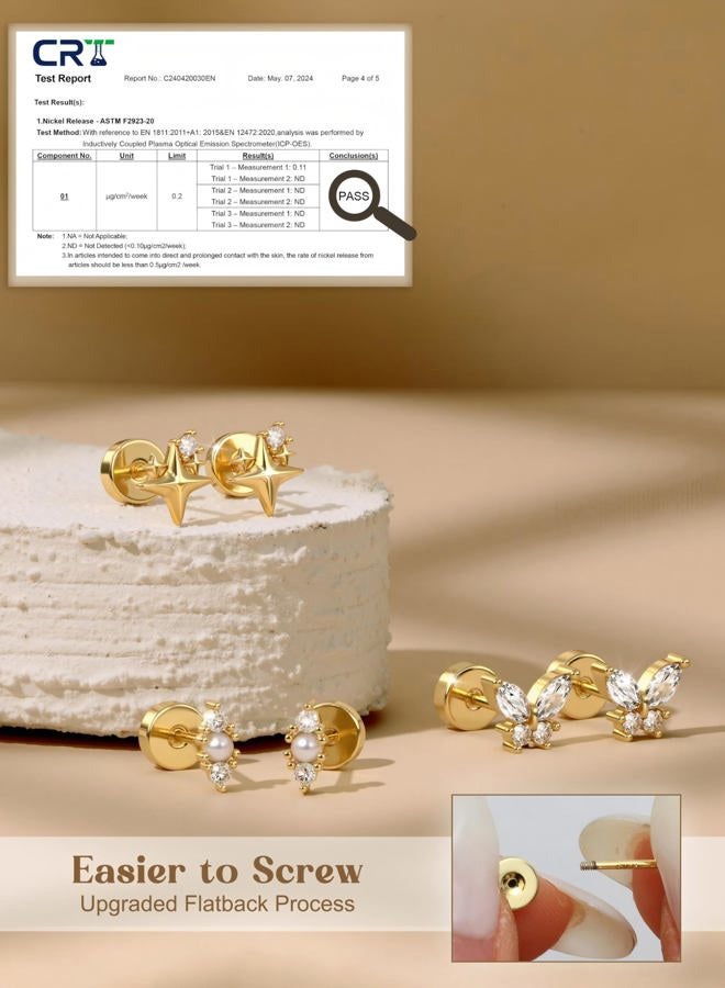 ORAZIO Gold Flat Back Stud Earrings for Women Men Sterling Silver Post Hypoallergenic Screw Back Earrings 14K Gold Cartilage Conch Helix Tragus Piercing Jewelry Dainty CZ Opal Earring Set 3 Pairs 20G - Image 3