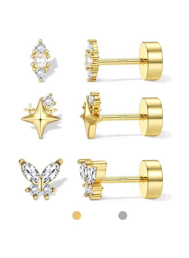 ORAZIO Gold Flat Back Stud Earrings for Women Men Sterling Silver Post Hypoallergenic Screw Back Earrings 14K Gold Cartilage Conch Helix Tragus Piercing Jewelry Dainty CZ Opal Earring Set 3 Pairs 20G - Image 1