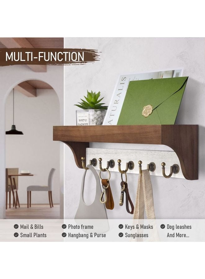 هومستر حامل المفاتيح للجدار المزود برف -حامل المفاتيح 2 اللون للمزرعة مع 5 خطافات مفاتيح خلفية ومنظم البريد الخشبي البدائي -الحامل الجداري للمنزل الروسي الزخرفي (بني وأبيض) - Image 2