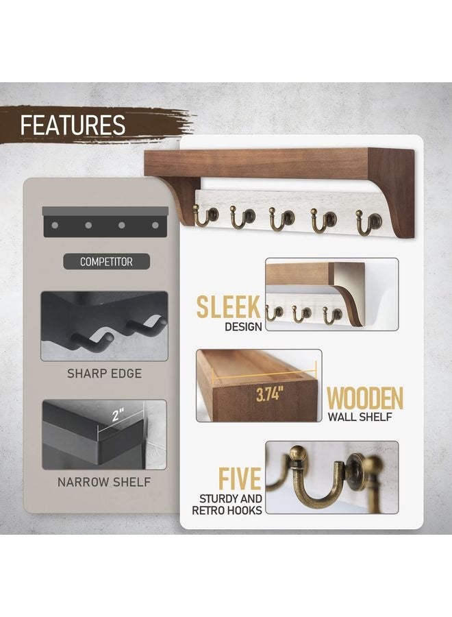 هومستر حامل المفاتيح للجدار المزود برف -حامل المفاتيح 2 اللون للمزرعة مع 5 خطافات مفاتيح خلفية ومنظم البريد الخشبي البدائي -الحامل الجداري للمنزل الروسي الزخرفي (بني وأبيض) - Image 5