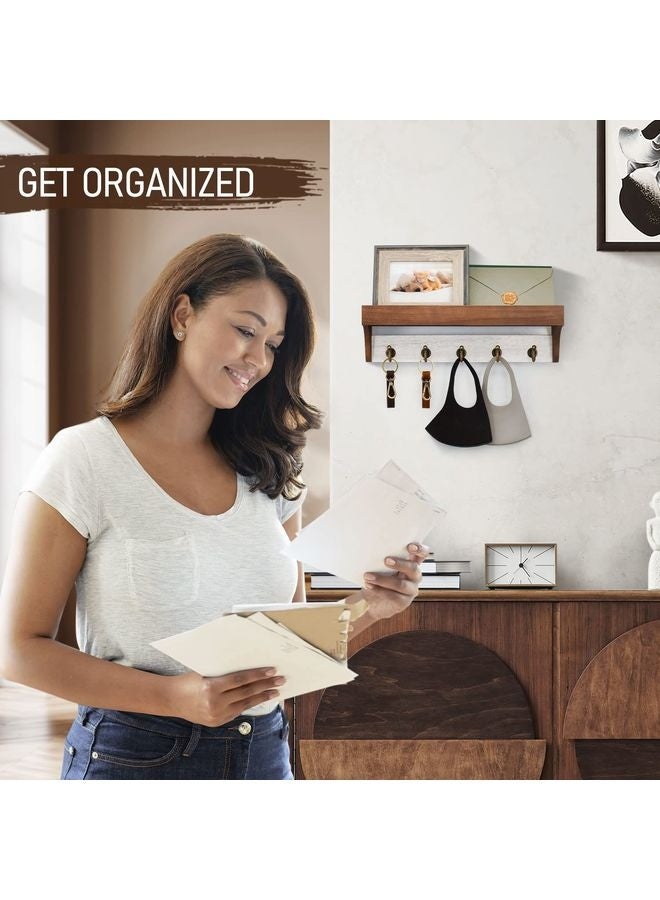 هومستر حامل المفاتيح للجدار المزود برف -حامل المفاتيح 2 اللون للمزرعة مع 5 خطافات مفاتيح خلفية ومنظم البريد الخشبي البدائي -الحامل الجداري للمنزل الروسي الزخرفي (بني وأبيض) - Image 3