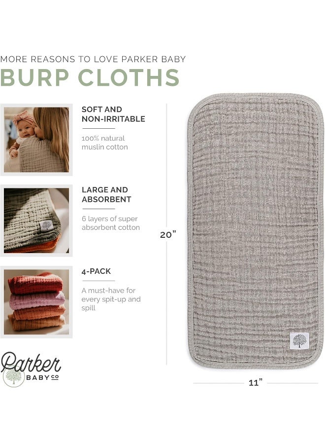 Parker Baby Co. Parker Baby Co. Muslin Burp Cloths | 100% Cotton Burping Clothes, Newborn Essential | Must-Have Registry, Modern and Trendy Colors | 20"x11" Unisex Large Burp Cloths, 4-Pack Gray Set  - Image 2