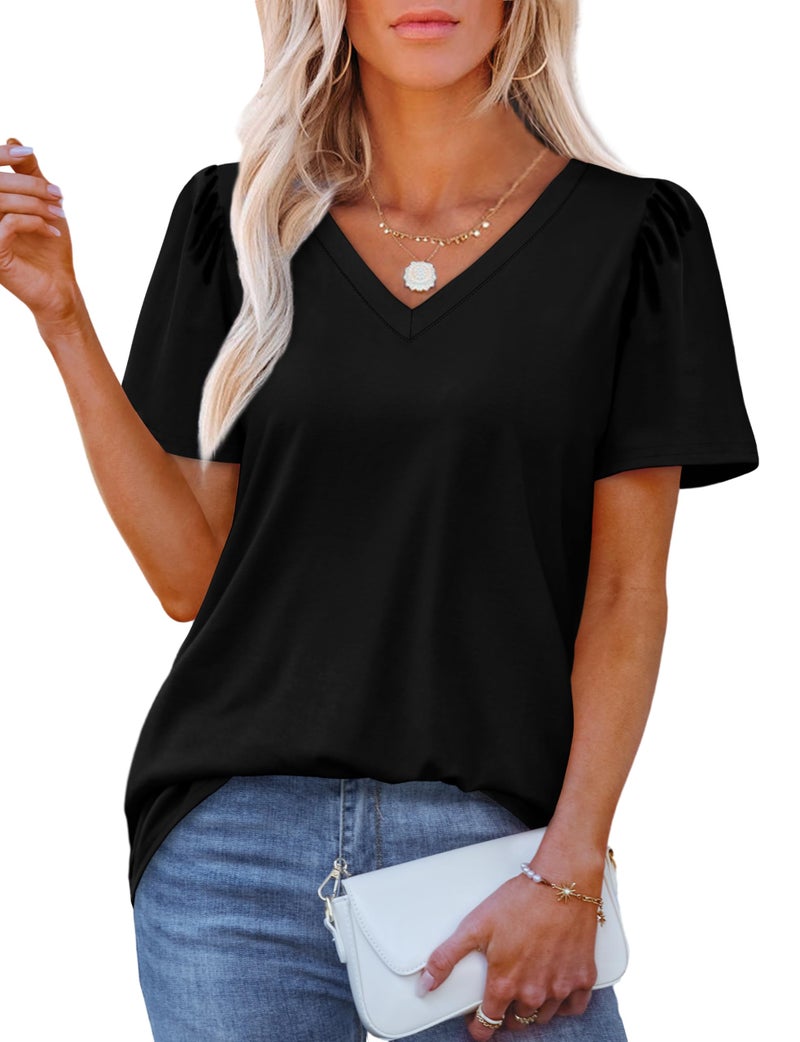OFEEFAN Business Casual Tops for Women Short Sleeve Plus Size T Shirts V Neck Tops Black 2XL - Image 1