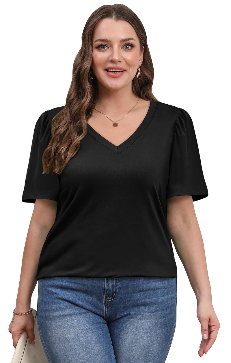 OFEEFAN Business Casual Tops for Women Short Sleeve Plus Size T Shirts V Neck Tops Black 2XL - Image 3