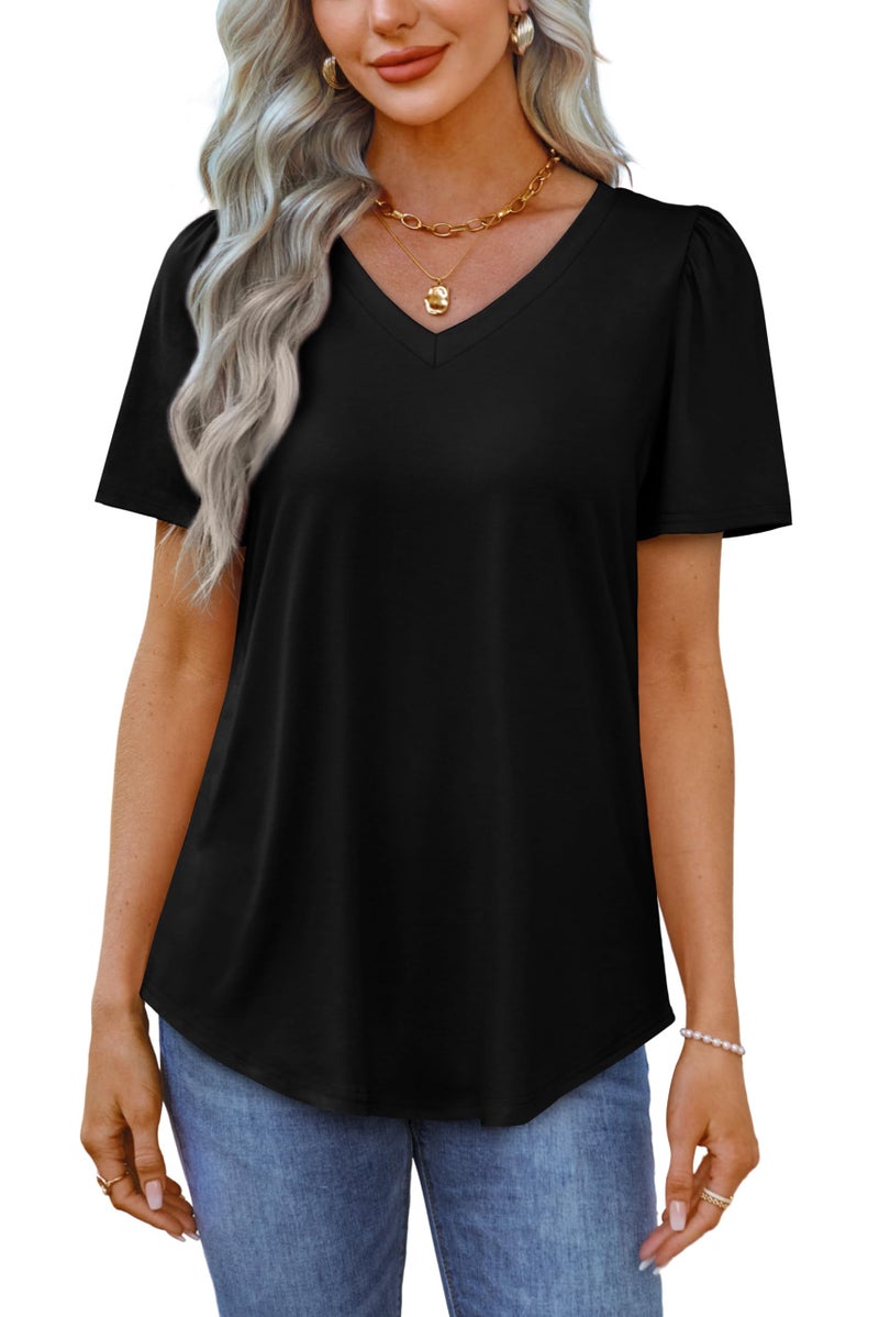 OFEEFAN Business Casual Tops for Women Short Sleeve Plus Size T Shirts V Neck Tops Black 2XL - Image 4