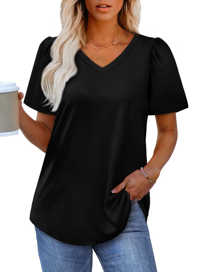 OFEEFAN Business Casual Tops for Women Short Sleeve Plus Size T Shirts V Neck Tops Black 2XL - Image 2
