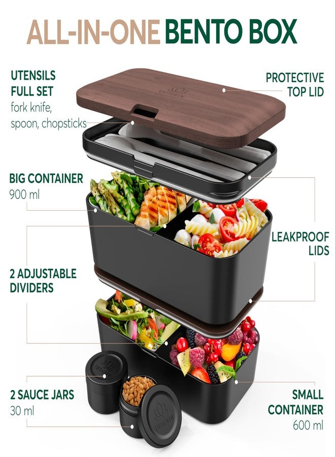Umami Premium Lunch Box Containers w/ 4 Utensils, 2 Sauce Jars, Nestable Space-Saving Bento Box Adult, 100% Leakproof, Microwavable Lunch Containers for Adults, Walnut Black, 50 oz - Image 2