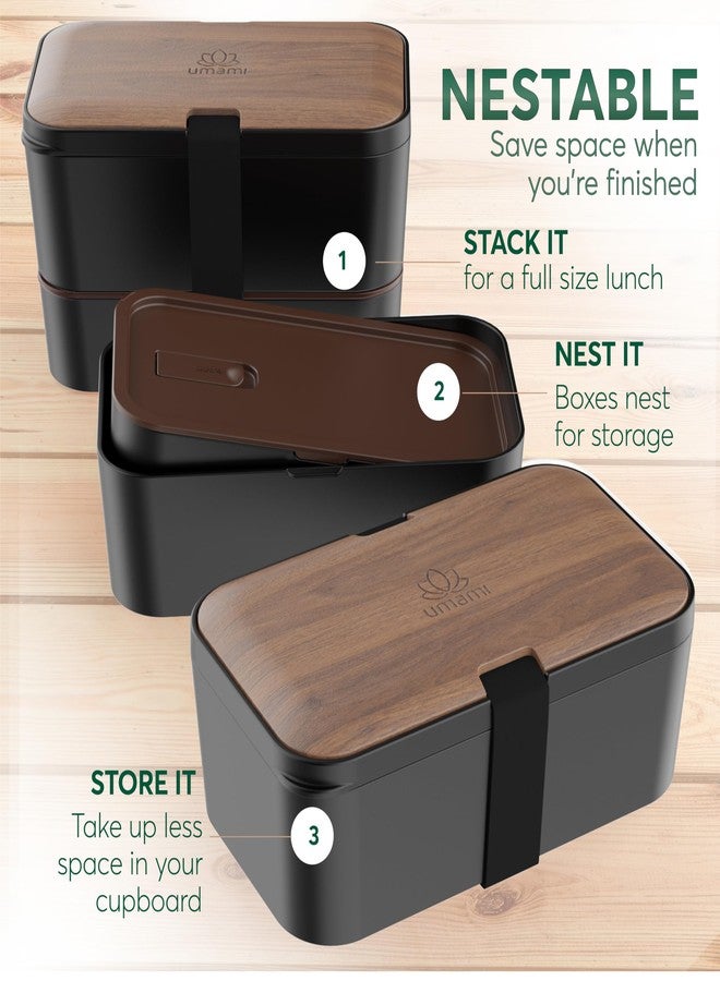 Umami Premium Lunch Box Containers w/ 4 Utensils, 2 Sauce Jars, Nestable Space-Saving Bento Box Adult, 100% Leakproof, Microwavable Lunch Containers for Adults, Walnut Black, 50 oz - Image 4