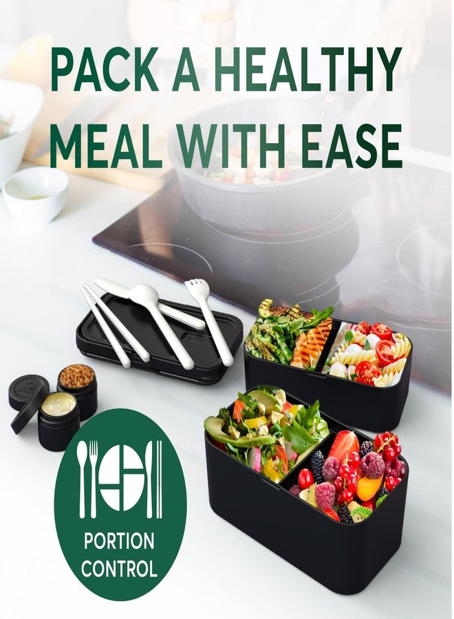 Umami Premium Lunch Box Containers w/ 4 Utensils, 2 Sauce Jars, Nestable Space-Saving Bento Box Adult, 100% Leakproof, Microwavable Lunch Containers for Adults, Walnut Black, 50 oz - Image 3