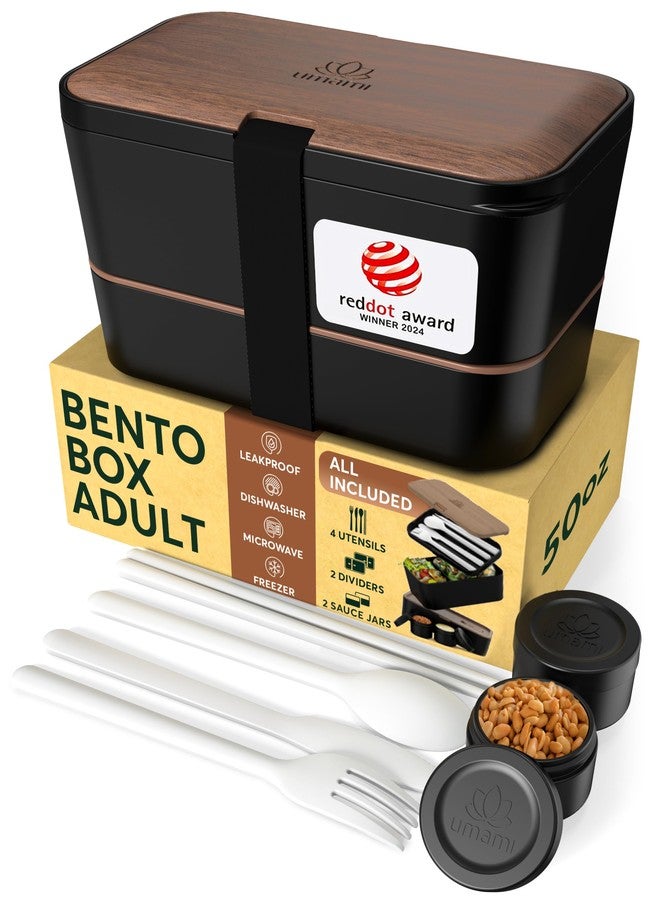 Umami Premium Lunch Box Containers w/ 4 Utensils, 2 Sauce Jars, Nestable Space-Saving Bento Box Adult, 100% Leakproof, Microwavable Lunch Containers for Adults, Walnut Black, 50 oz - Image 1