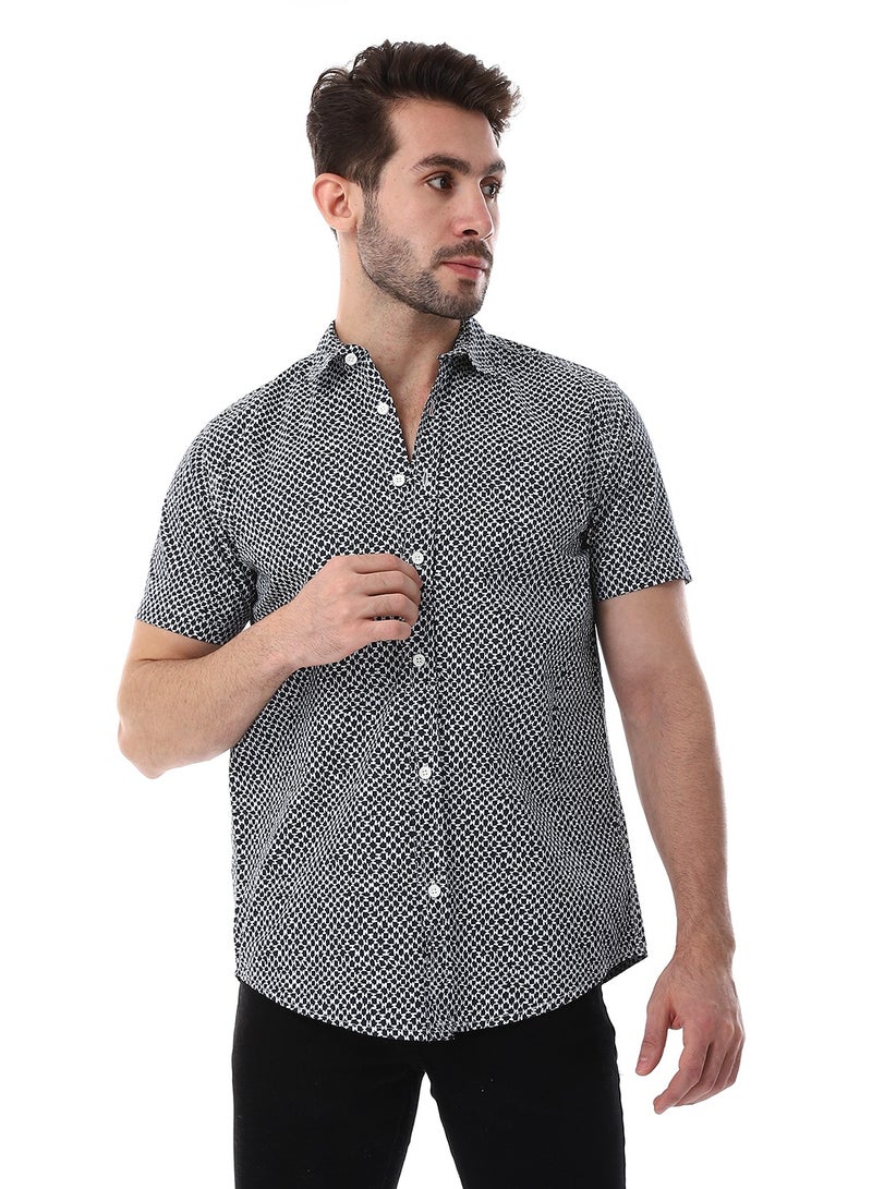 WHITE RABBIT Navy Blue & White Self Pattern Short Sleeves Shirt  - Image 1