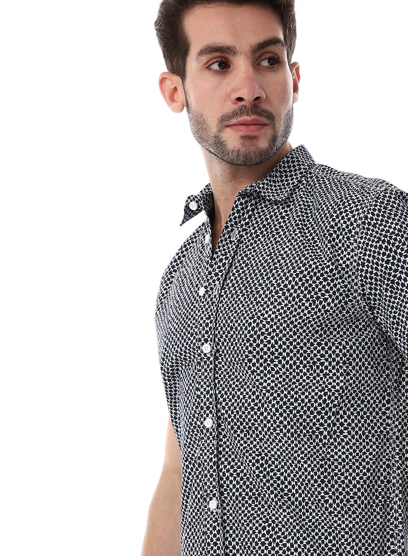 WHITE RABBIT Navy Blue & White Self Pattern Short Sleeves Shirt  - Image 4